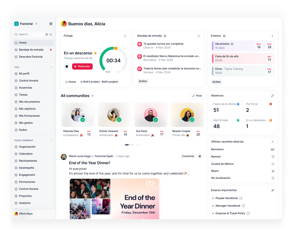 Pantalla de inicio de una plataforma de gestión empresarial con múltiples widgets y menús.